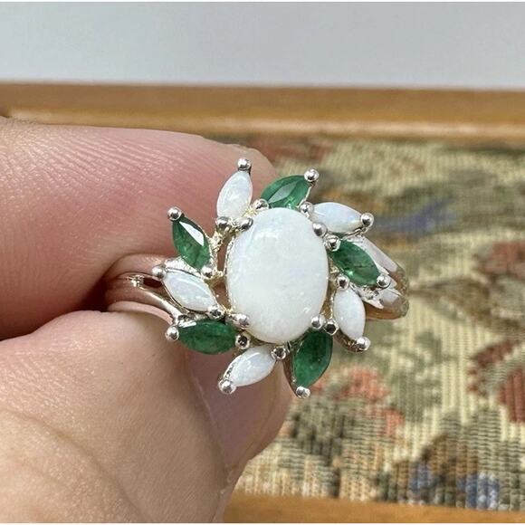 925 Sterling Silver Opal and Green Chrysoprase Ring Size 8 - Picture 5 of 8